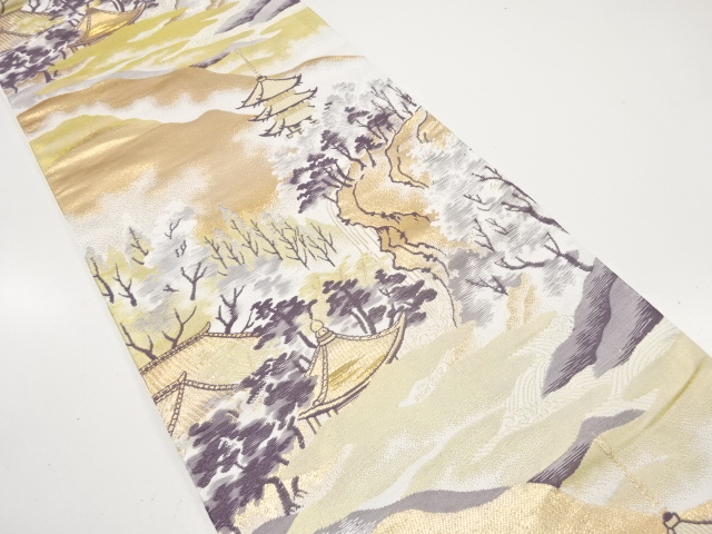 JAPANESE KIMONO / ANTIQUE FUKURO OBI / WOVEN TEMPLE SCENERY